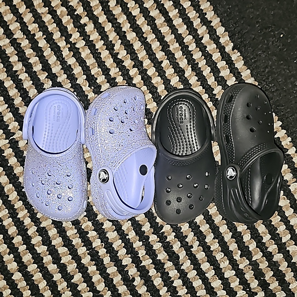 Black and glitter lavender crocs 7c girls